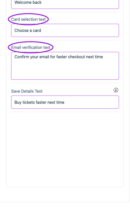 All Settings → Text — Checkout: Fast checkout. Continued controls. The circles identify Card selection text and Email verification text.
