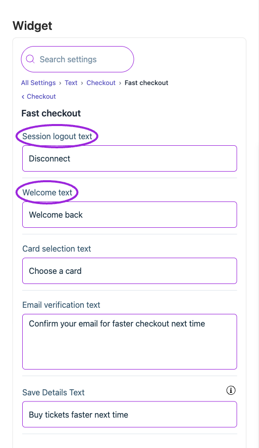 All Settings → Text — Checkout: Fast checkout. The circles identify Session logout text and Welcome text.