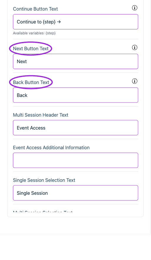 All Settings → Text — Checkout: General. Continued controls. The circles identify Next Button Text and Back Button Text.
