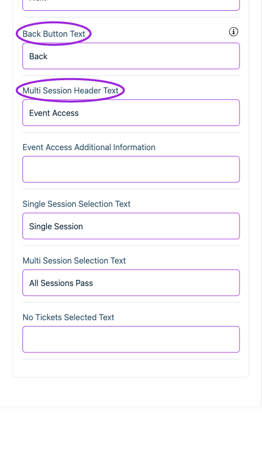 All Settings → Text — Checkout: General. Continued controls. The circles identify Back Button Text and Multi Session Header Text.
