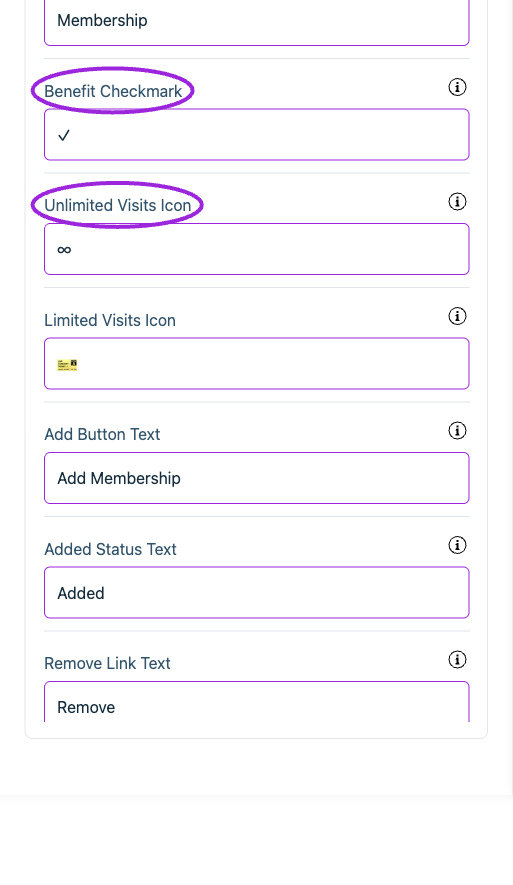 All Settings → Memberships — Checkout: Memberships. Continued controls. The circles identify Benefit Checkmark and Unlimited Visits Icon.