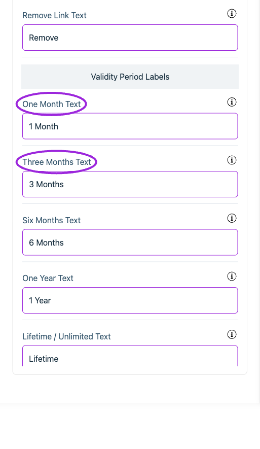 All Settings → Memberships — Checkout: Memberships. Continued controls. The circles identify One Month Text and Three Months Text.