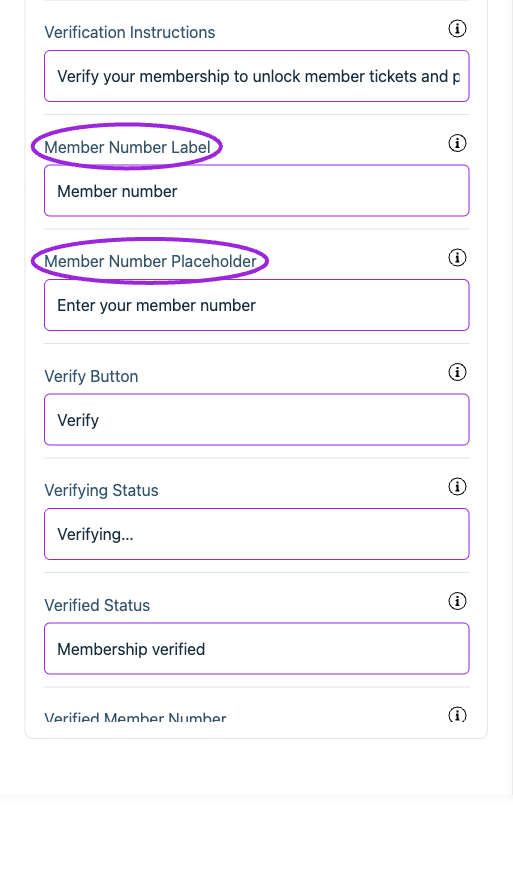All Settings → Memberships — Checkout: Memberships. Continued controls. The circles identify Member Number Label and Member Number Placeholder.