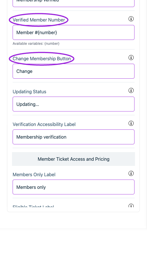 All Settings → Memberships — Checkout: Memberships. Continued controls. The circles identify Verified Member Number and Change Membership Button.