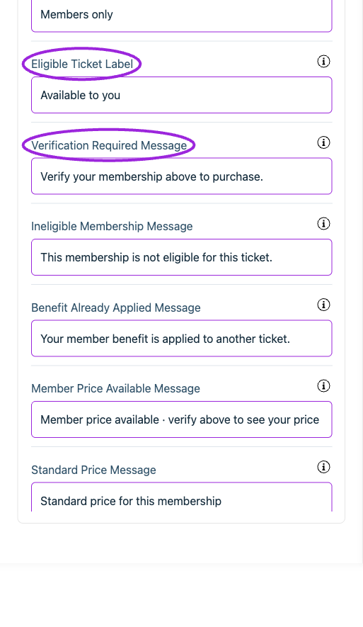 All Settings → Memberships — Checkout: Memberships. Continued controls. The circles identify Eligible Ticket Label and Verification Required Message.