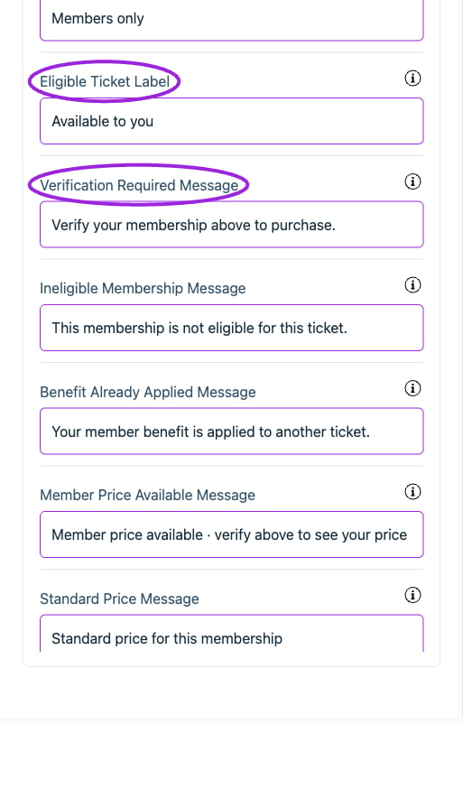 All Settings → Memberships — Checkout: Memberships. Continued controls. The circles identify Eligible Ticket Label and Verification Required Message.