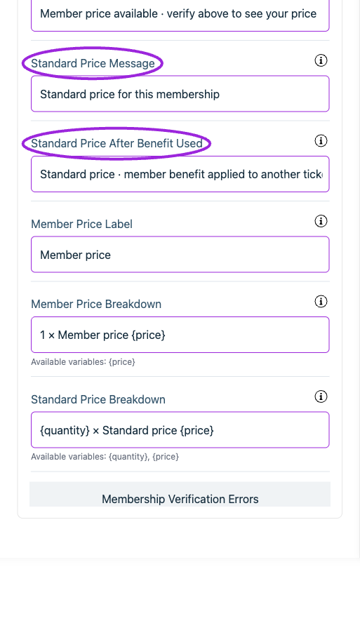 All Settings → Memberships — Checkout: Memberships. Continued controls. The circles identify Standard Price Message and Standard Price After Benefit Used.