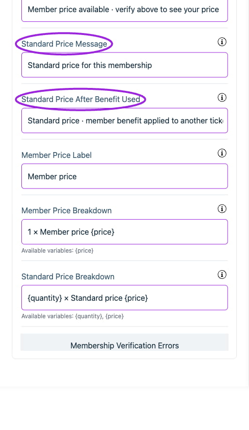 All Settings → Memberships — Checkout: Memberships. Continued controls. The circles identify Standard Price Message and Standard Price After Benefit Used.