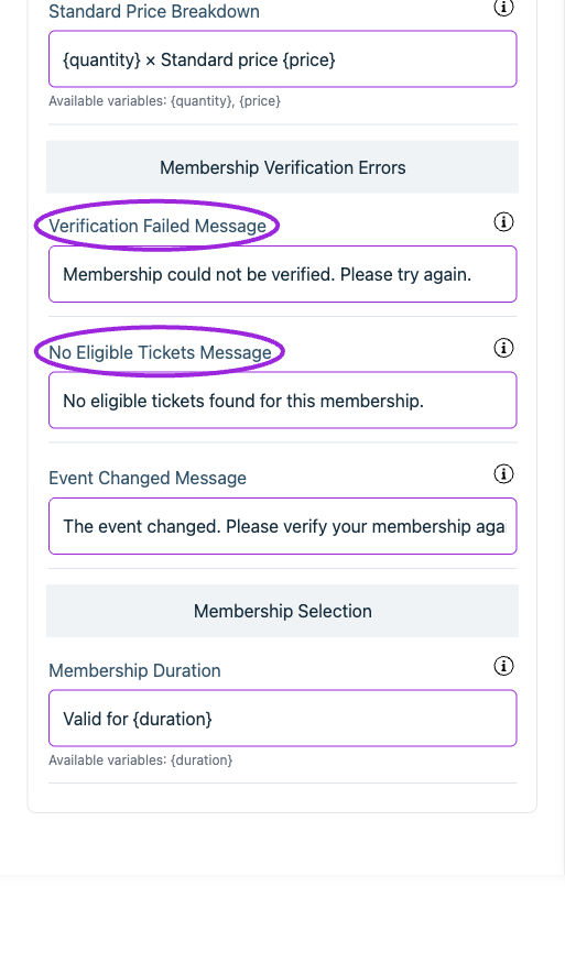 All Settings → Memberships — Checkout: Memberships. Continued controls. The circles identify Verification Failed Message and No Eligible Tickets Message.