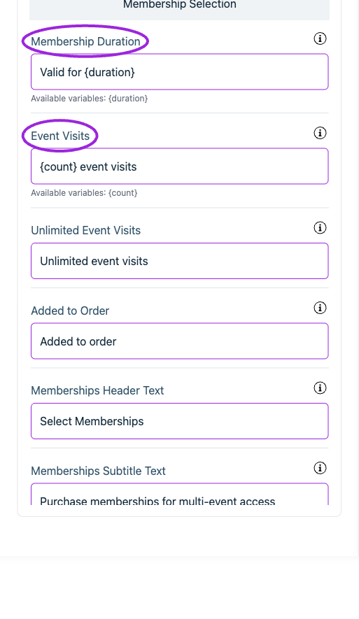 All Settings → Memberships — Checkout: Memberships. Continued controls. The circles identify Membership Duration and Event Visits.