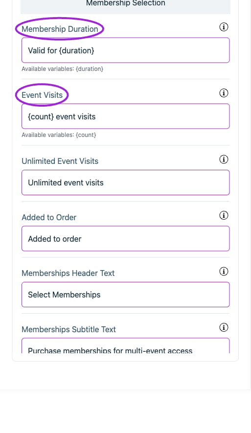 All Settings → Memberships — Checkout: Memberships. Continued controls. The circles identify Membership Duration and Event Visits.