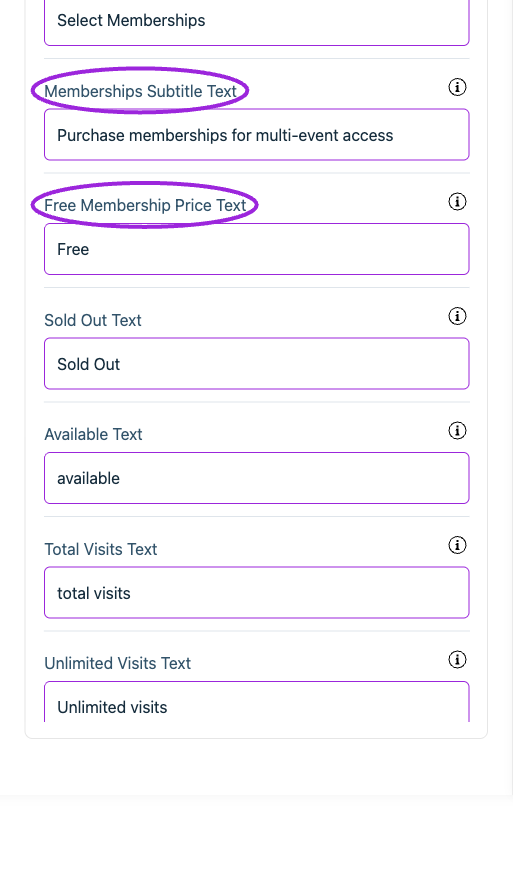All Settings → Memberships — Checkout: Memberships. Continued controls. The circles identify Memberships Subtitle Text and Free Membership Price Text.