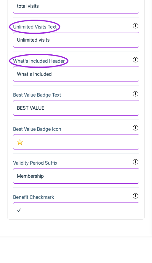 All Settings → Memberships — Checkout: Memberships. Continued controls. The circles identify Unlimited Visits Text and What's Included Header.