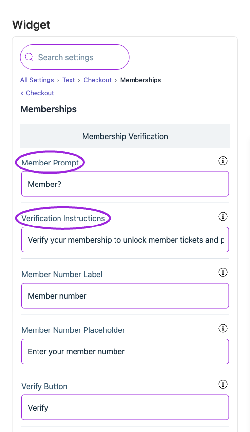 All Settings → Memberships — Checkout: Memberships. The circles identify Member Prompt and Verification Instructions.