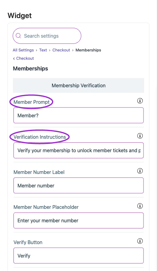 All Settings → Memberships — Checkout: Memberships. The circles identify Member Prompt and Verification Instructions.