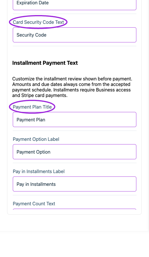 All Settings → Text — Checkout: Payment information. Continued controls. The circles identify Card Security Code Text and Payment Plan Title.