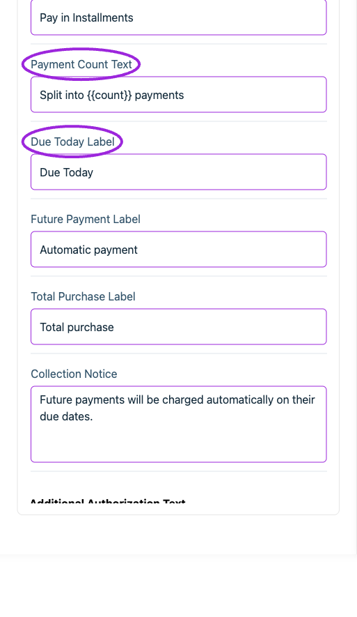All Settings → Text — Checkout: Payment information. Continued controls. The circles identify Payment Count Text and Due Today Label.