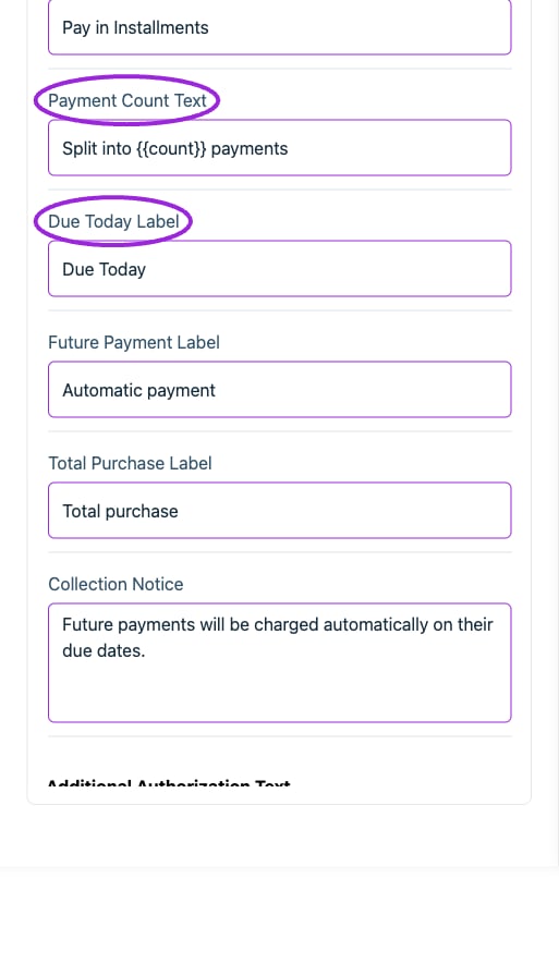 All Settings → Text — Checkout: Payment information. Continued controls. The circles identify Payment Count Text and Due Today Label.