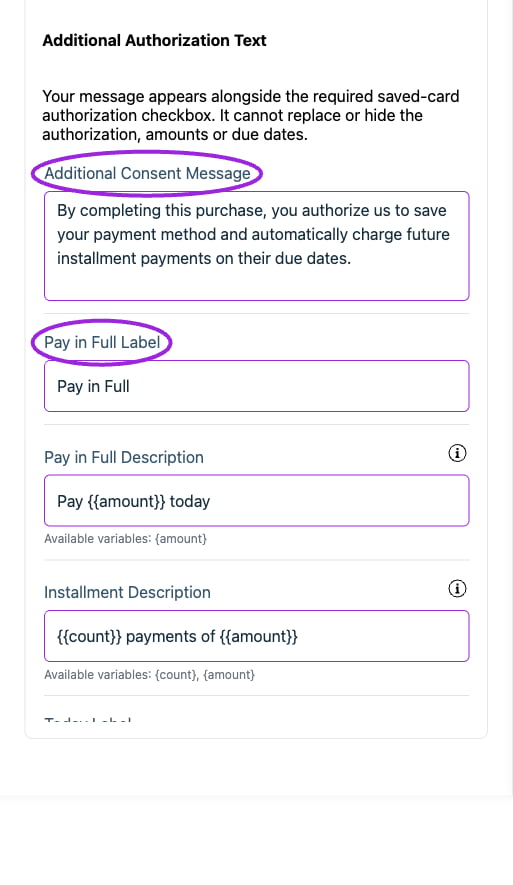 All Settings → Text — Checkout: Payment information. Continued controls. The circles identify Additional Consent Message and Pay in Full Label.