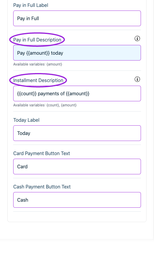 All Settings → Text — Checkout: Payment information. Continued controls. The circles identify Pay in Full Description and Installment Description.