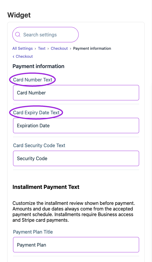 All Settings → Text — Checkout: Payment information. The circles identify Card Number Text and Card Expiry Date Text.