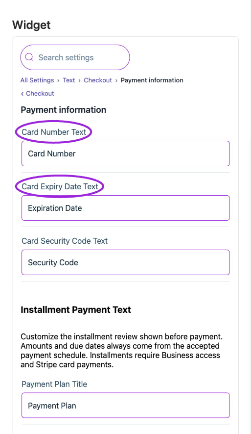 All Settings → Text — Checkout: Payment information. The circles identify Card Number Text and Card Expiry Date Text.