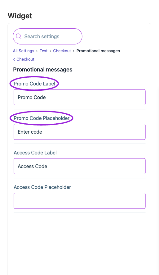 All Settings → Text — Checkout: Promotional messages. The circles identify Promo Code Label and Promo Code Placeholder.