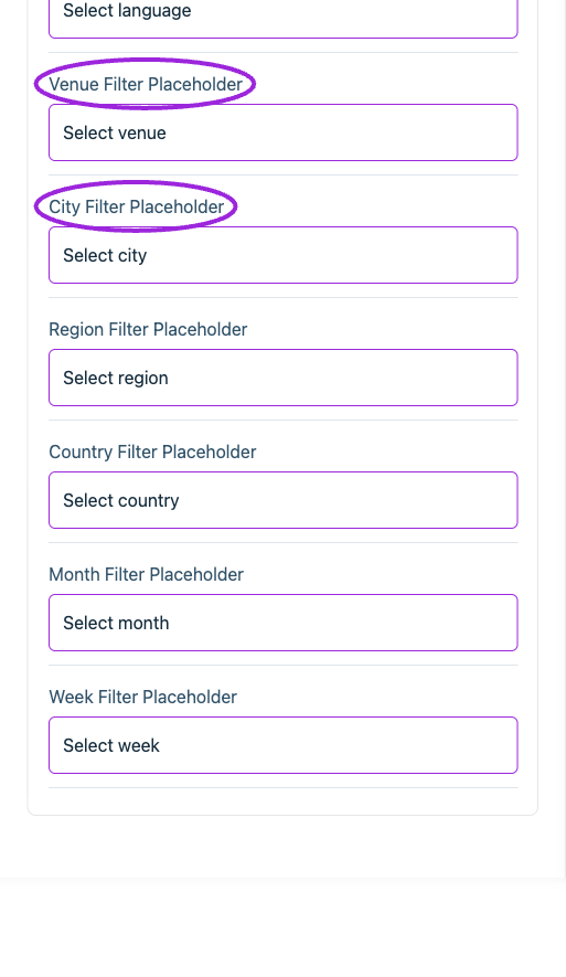All Settings → Text — Search filters. Continued controls. The circles identify Venue Filter Placeholder and City Filter Placeholder.