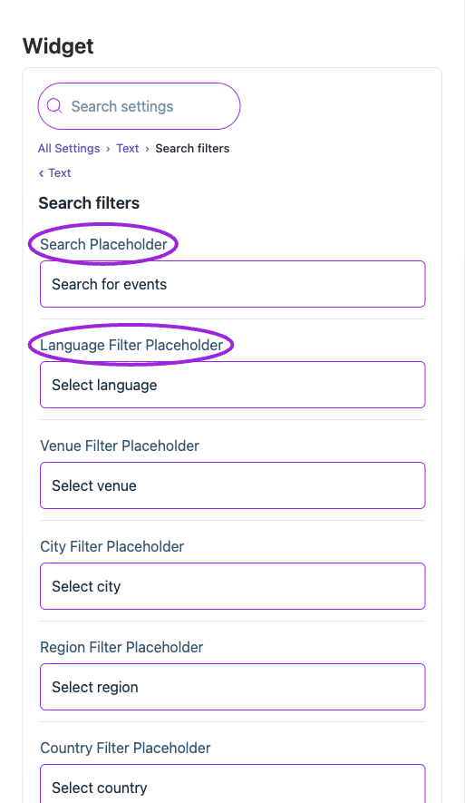 All Settings → Text — Search filters. The circles identify Search Placeholder and Language Filter Placeholder.