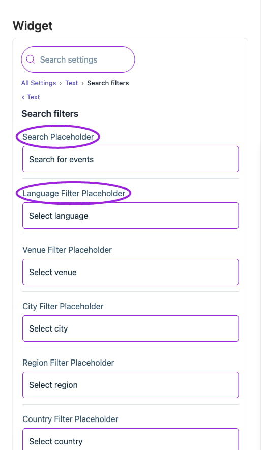 All Settings → Text — Search filters. The circles identify Search Placeholder and Language Filter Placeholder.