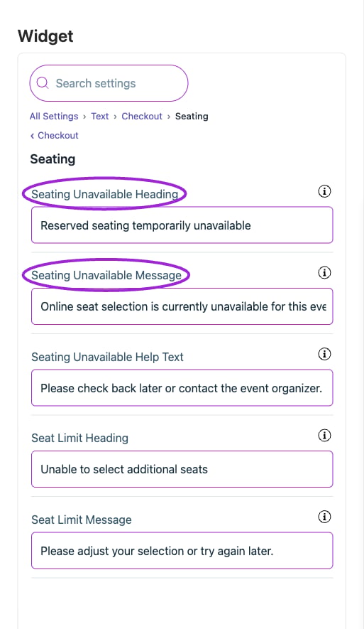 All Settings → Text — Checkout: Seating. The circles identify Seating Unavailable Heading and Seating Unavailable Message.