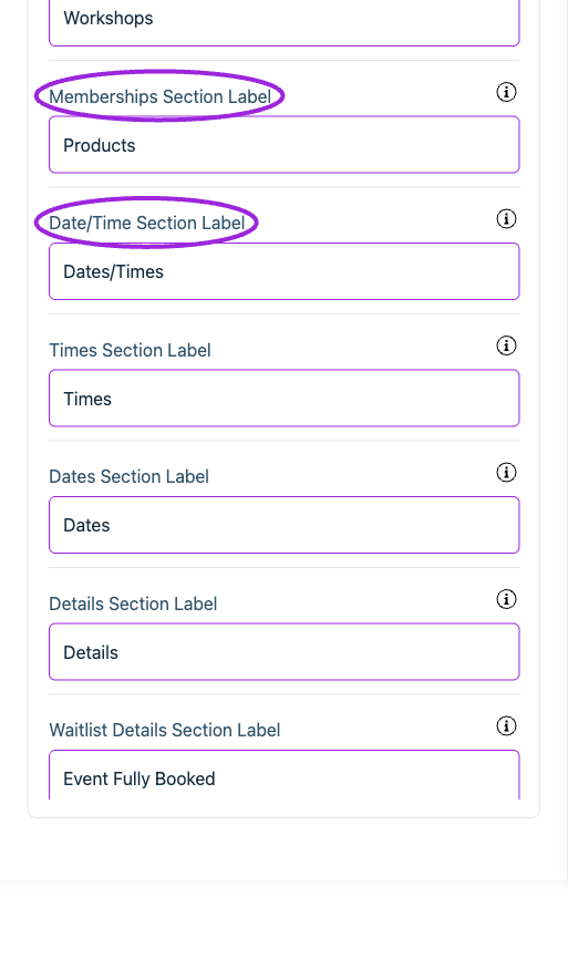 All Settings → Text — Checkout: Section labels. Continued controls. The circles identify Memberships Section Label and Date/Time Section Label.