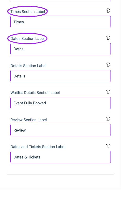 All Settings → Text — Checkout: Section labels. Continued controls. The circles identify Times Section Label and Dates Section Label.