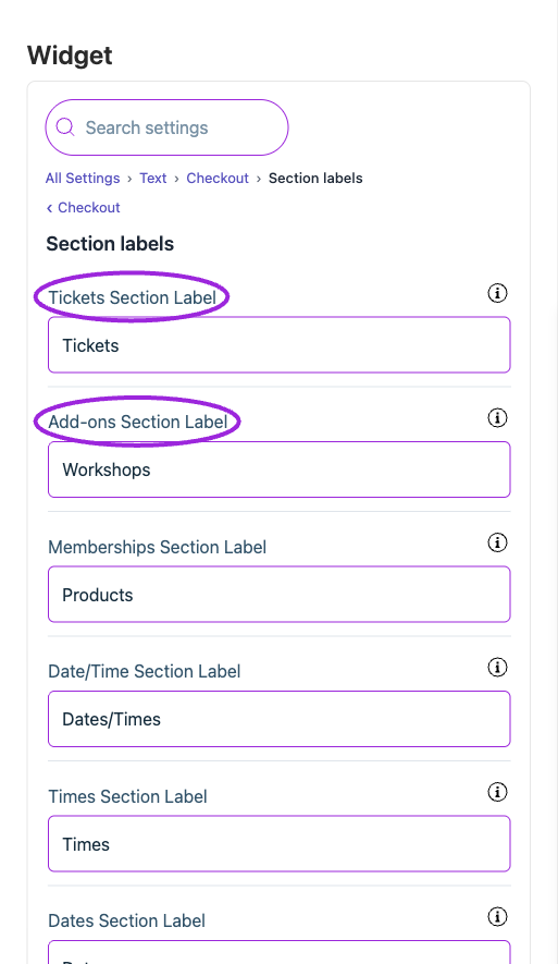 All Settings → Text — Checkout: Section labels. The circles identify Tickets Section Label and Add-ons Section Label.