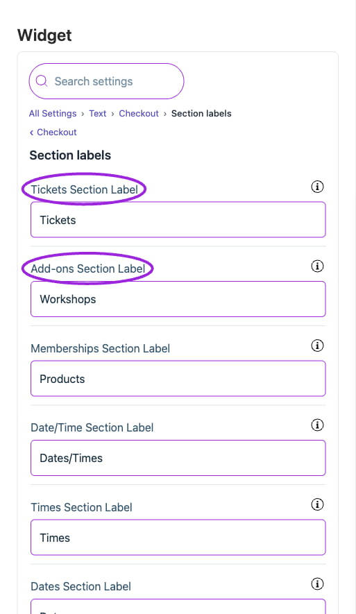 All Settings → Text — Checkout: Section labels. The circles identify Tickets Section Label and Add-ons Section Label.