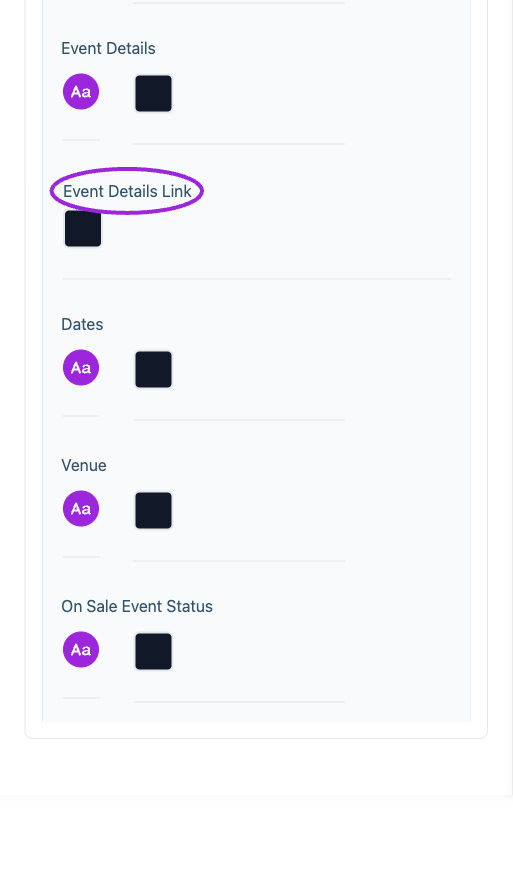 All Settings → Desktop typography — Desktop and mobile typography controls. Continued controls. The circles identify Event Details Link.