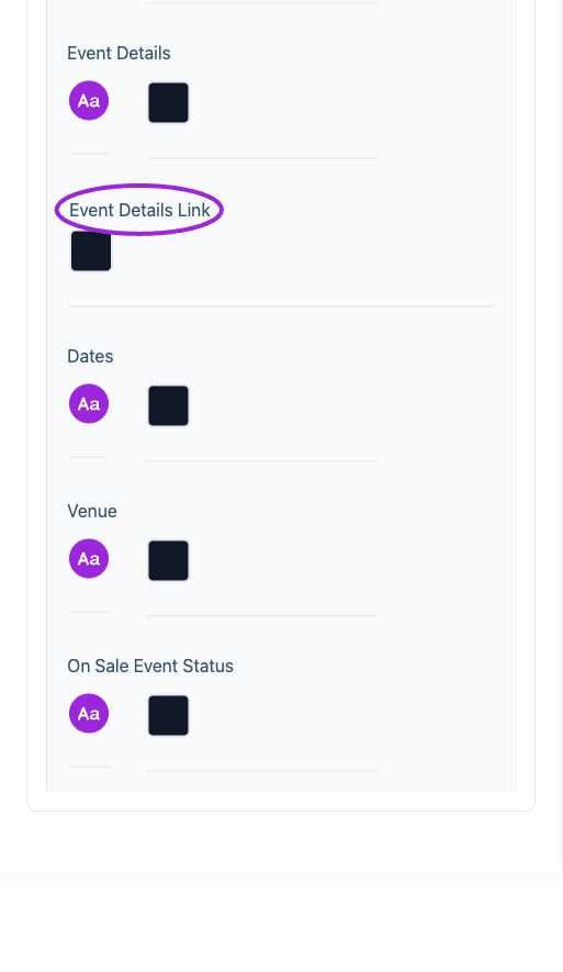 All Settings → Desktop typography — Desktop and mobile typography controls. Continued controls. The circles identify Event Details Link.