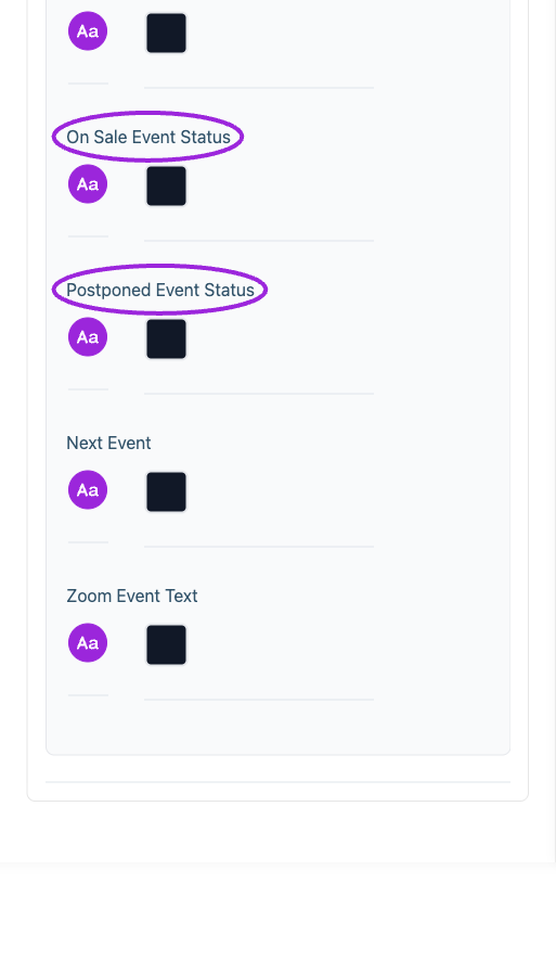 All Settings → Desktop typography — Desktop and mobile typography controls. Continued controls. The circles identify On Sale Event Status and Postponed Event Status.