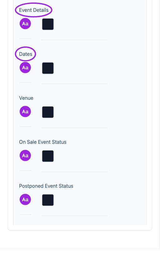 All Settings → Mobile typography — Desktop and mobile typography controls. Continued controls. The circles identify Event Details and Dates.