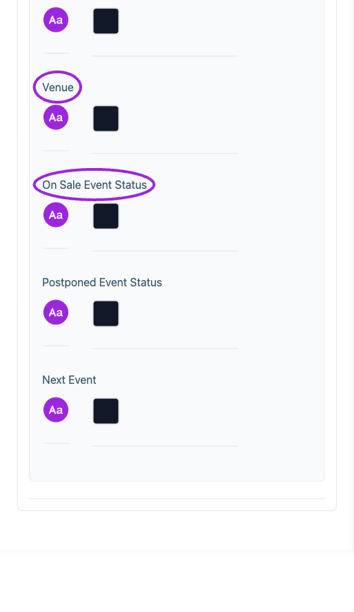 All Settings → Mobile typography — Desktop and mobile typography controls. Continued controls. The circles identify Venue and On Sale Event Status.