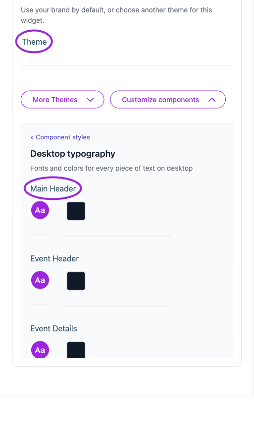 All Settings → Desktop typography — Desktop and mobile typography controls. The circles identify Theme and Main Header.