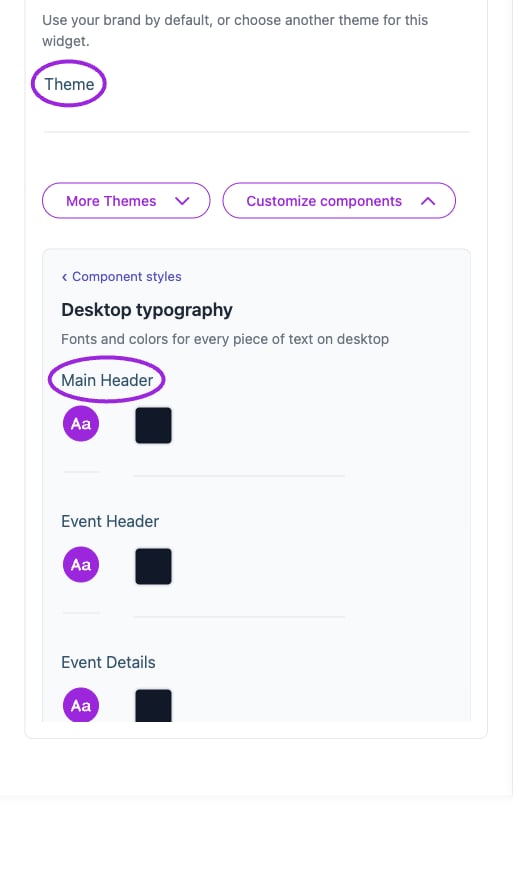All Settings → Desktop typography — Desktop and mobile typography controls. The circles identify Theme and Main Header.