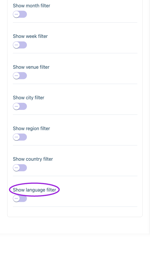 Location and language filters use the event’s venue/city/region/country and language data. Their labels and styling are configured separately under Text and Design.