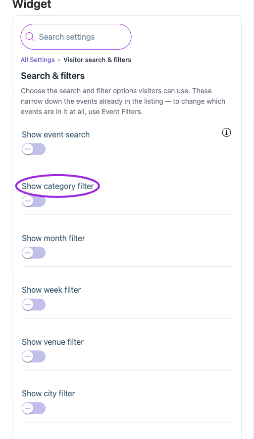 Visitor search and filters narrow the events already included in the widget. Turn on keyword search and the category, date, or location filters your visitors need.