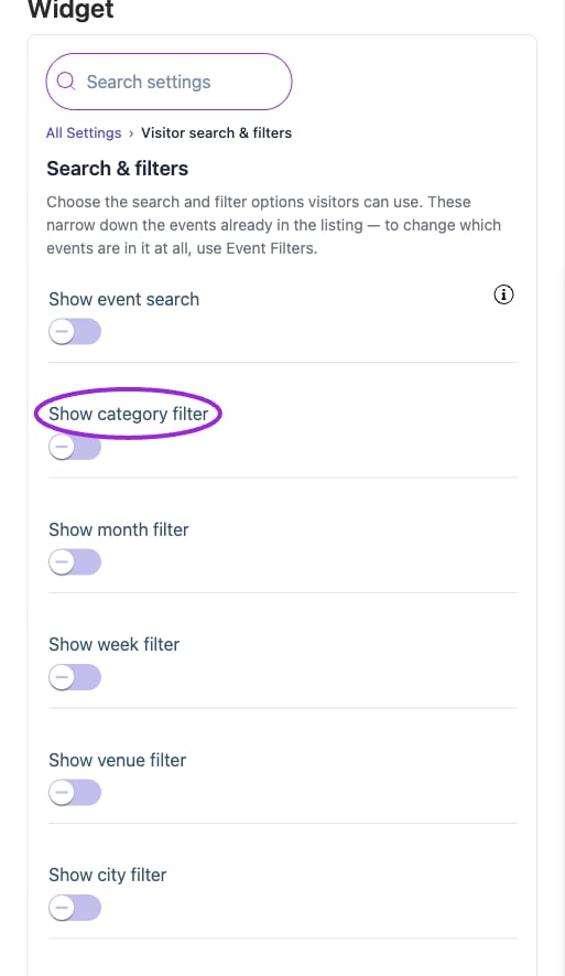 Visitor search and filters narrow the events already included in the widget. Turn on keyword search and the category, date, or location filters your visitors need.