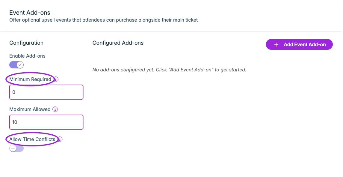 Enable Add-ons, choose the minimum and maximum selections, and decide whether overlapping time slots are allowed. A minimum of 0 makes add-ons optional.
