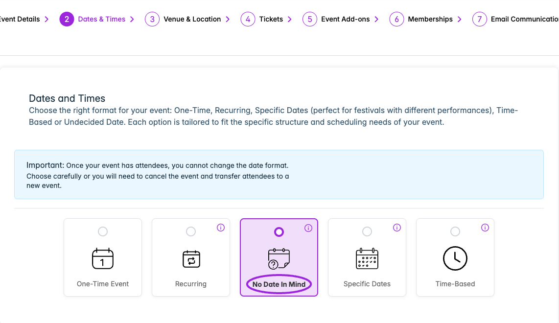 No Date In Mind lets you configure an event before its date is confirmed.
