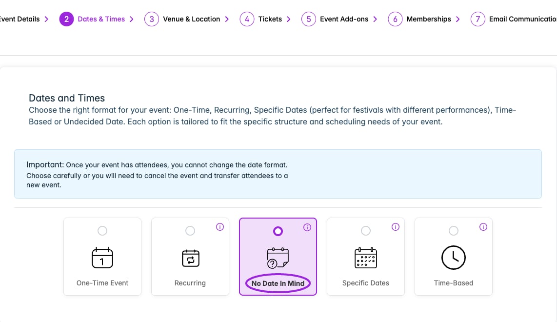 No Date In Mind lets you configure an event before its date is confirmed.