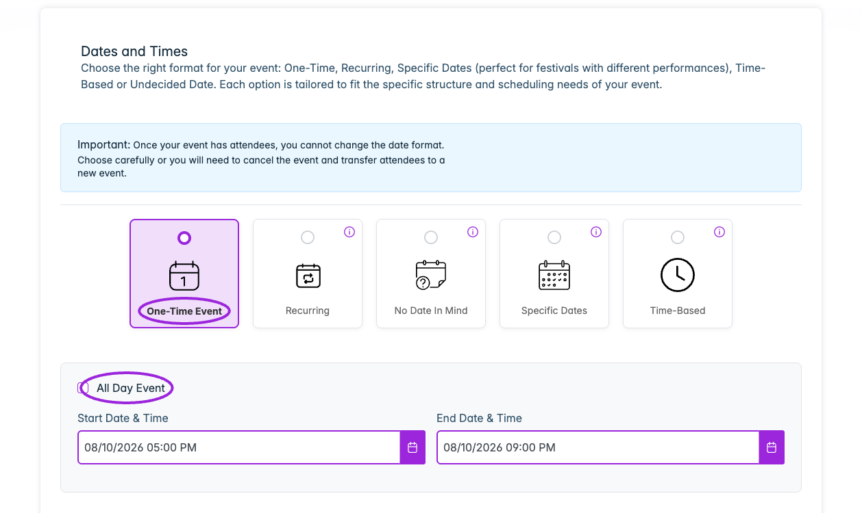 Dates & Times → One-Time Event provides start/end dates and times and an All Day Event option.