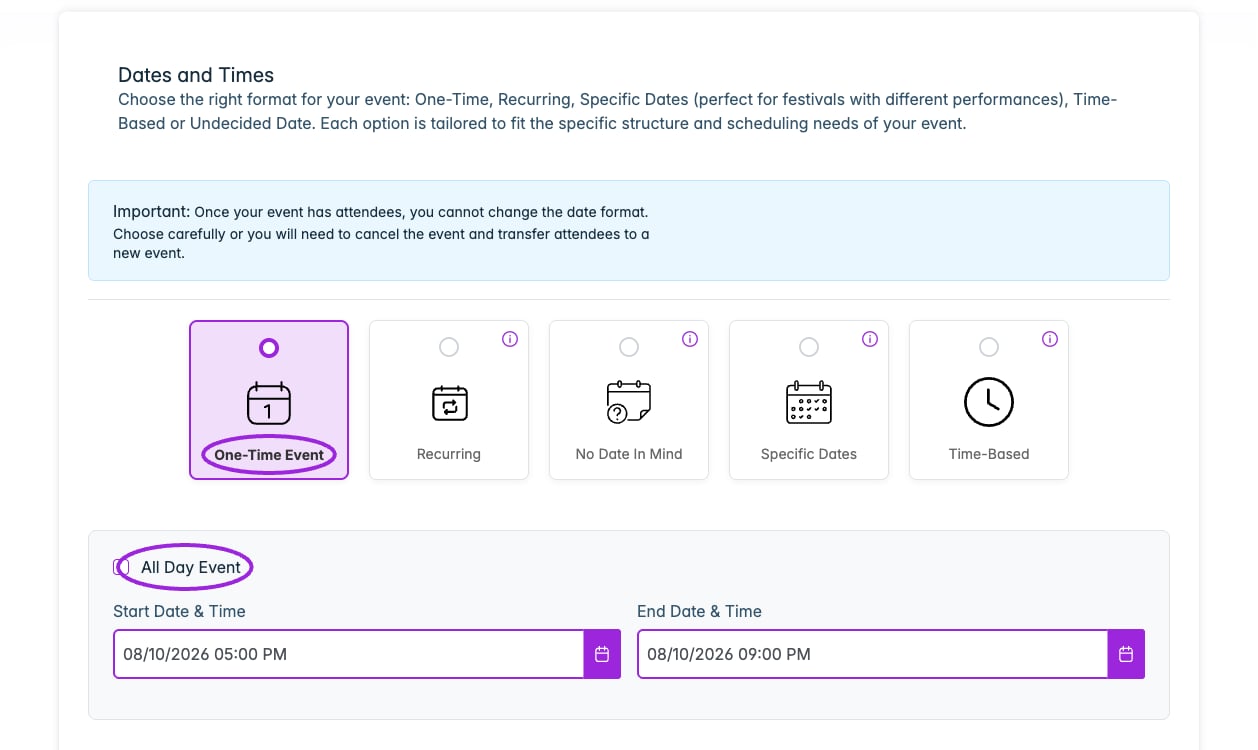 Dates & Times → One-Time Event provides start/end dates and times and an All Day Event option.